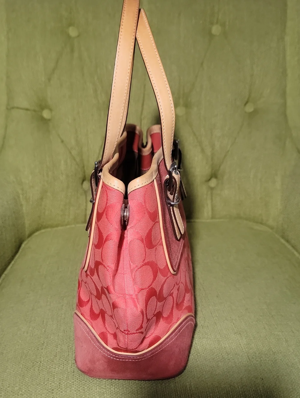 Coach Pink Signature Canvas Shoulder Tote with Beige Leather Trim
